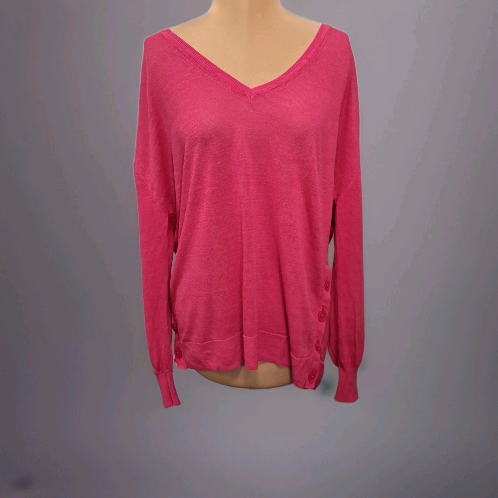 J Crew Sweater Womens Large Pink Linen Blend V Neck Sheer Pullover Side Button